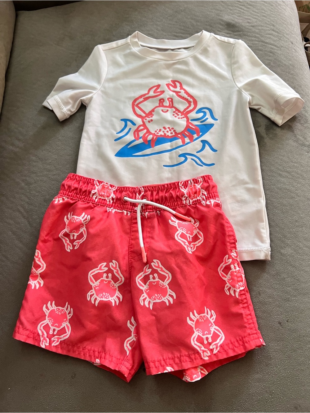 Cat & Jack White Rashguard with Coral Crab Swim Shorts